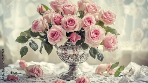 A bouquet of pink roses in a vintage silver vase on an ornate lace doily, medium shot, Romantic style photo