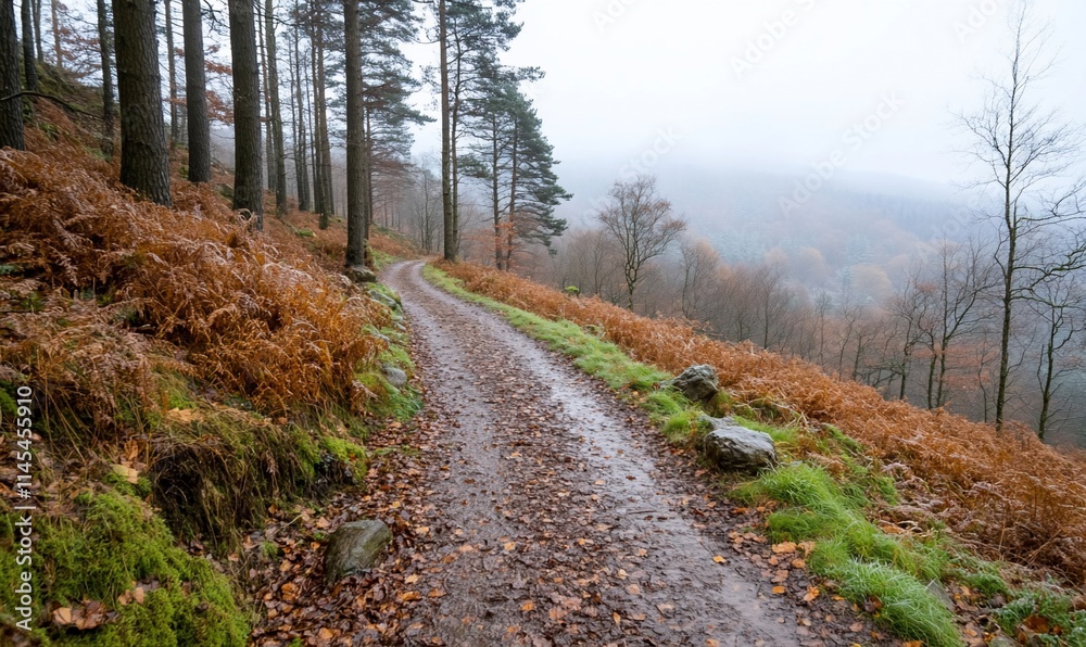 A misty forest path winding through autumn foliage and wet terrain. A misty forest path winding through autumn foliage and wet terrain.