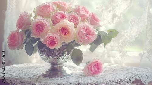 A bouquet of pink roses in a vintage silver vase on an ornate lace doily, medium shot, Romantic style photo