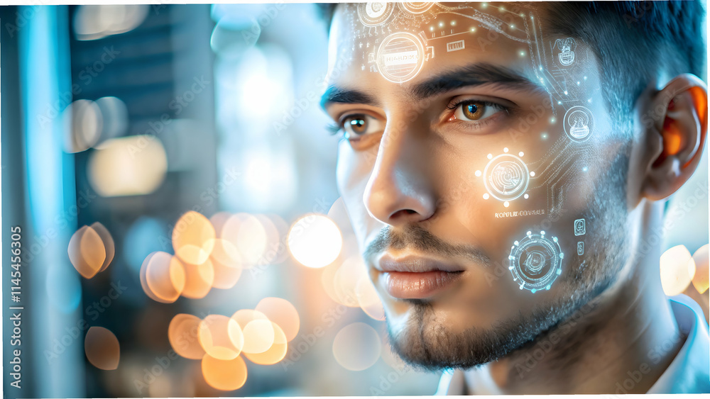 Obraz premium Macro Shot Human Face with Glowing Digital Tattoos Personalization Technology