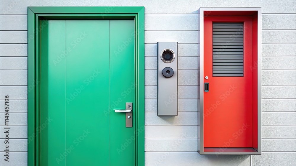Minimalist Metal Doors, Video Communication, White Facade Minimalist Metal Doors, Video Communication, White Facade