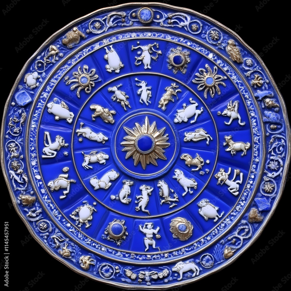 Obraz premium Celestial Zodiac Wheel Blue and Gold Ornate Design