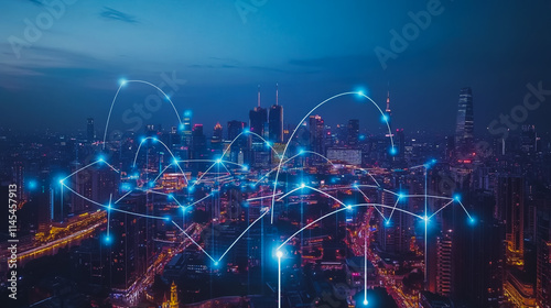 Smart digital city with connection cyber security network reciprocity over the cityscape . future smart wireless digital city and social media networking systems that connects people within the city