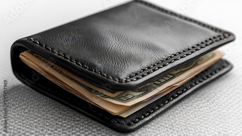 Modern black leather wallet with banknotes peeking out isolated on a transparent background perfect for finance or lifestyle branding