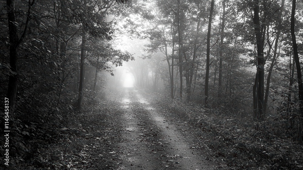 Naklejka premium Mysterious Foggy Pathway Through Dense Forest in Black and White