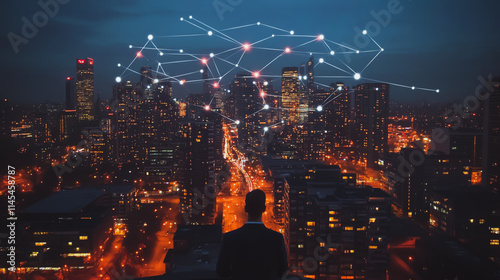 Smart digital city with connection cyber security network reciprocity over the cityscape . future smart wireless digital city and social media networking systems that connects people within the city