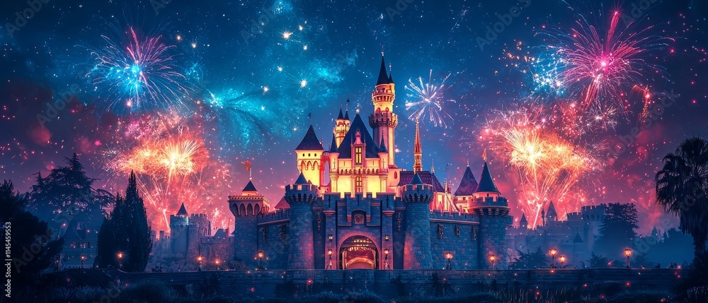 Fototapeta premium Fireworks lighting up the sky above a historic castle. The bursts of color add a majestic feel, Generative AI 