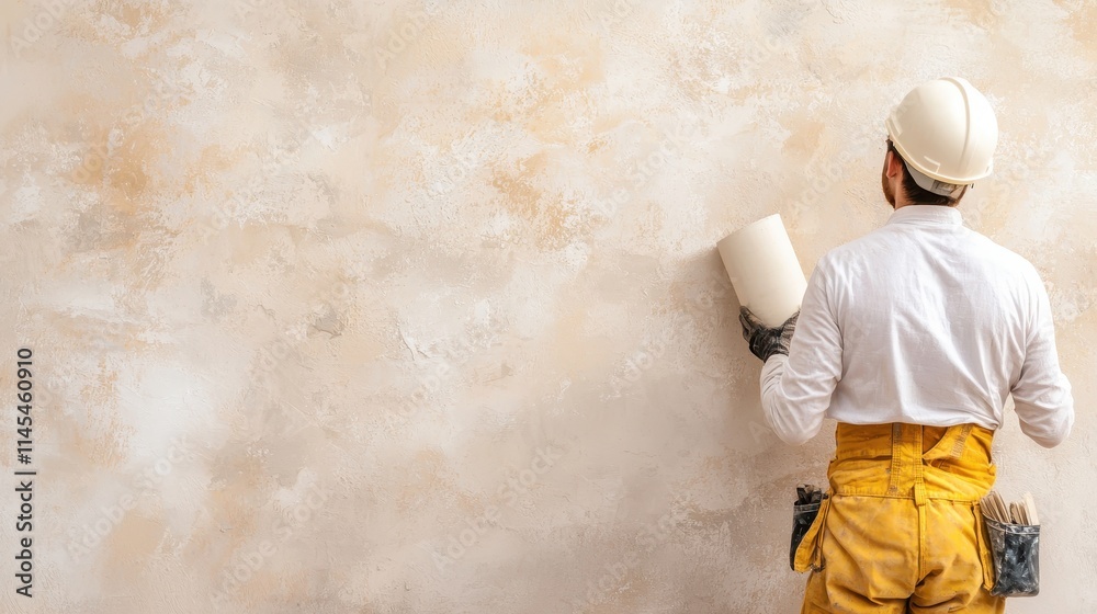 Painter applying finish to a textured wall in a work environment. Painter applying finish to a textured wall in a work environment.