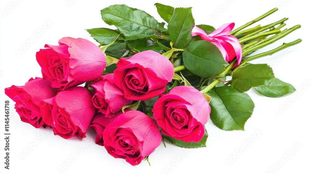 Fresh Pink Roses with Green Leaves and Ribbon on White Background Fresh Pink Roses with Green Leaves and Ribbon on White Background