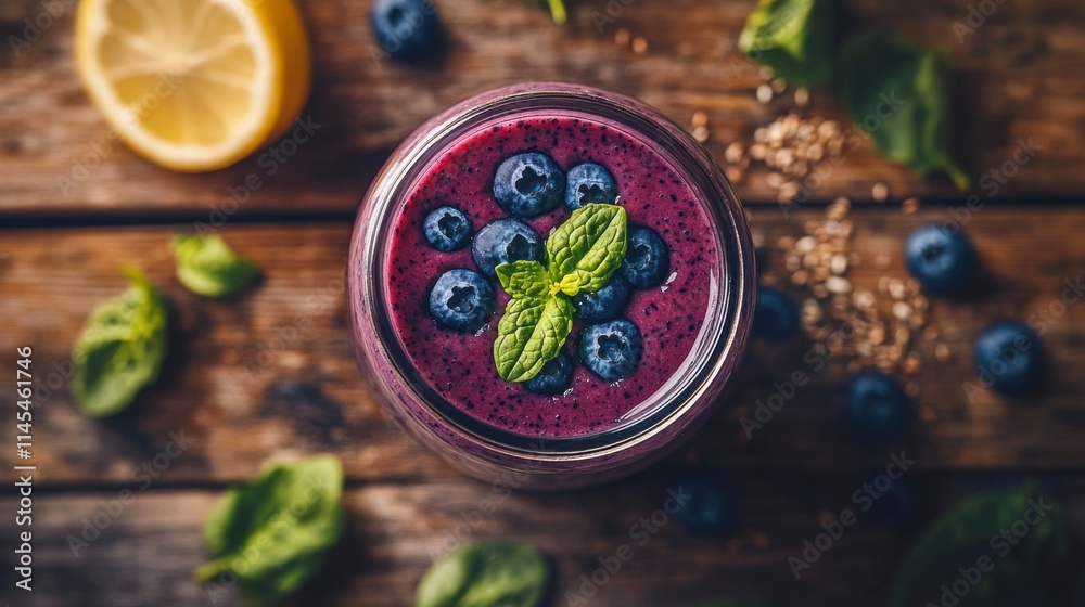 Blueberry Smoothie Delight: A refreshing and vibrant blueberry smoothie in a mason jar, topped with fresh mint and a few blueberries, sits on a rustic wooden table. Blueberry Smoothie Delight: A refreshing and vibrant blueberry smoothie in a mason jar, topped with fresh mint and a few blueberries, sits on a rustic wooden table.