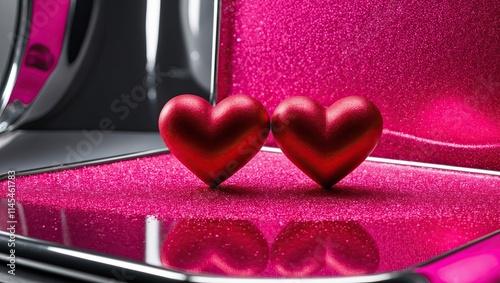 Highcontrast studiolit professional photograph of 2 red hearts on a shimmer pad   photo