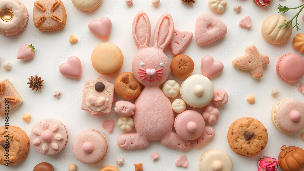 a composition of sweet treats such as macarons, cakes and cookies in the shape of a rabbit. Realistic details on a white background 8K. a composition of sweet treats such as macarons, cakes and cookies in the shape of a rabbit. Realistic details on a white background 8K.