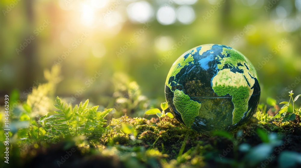 A Green Globe Resting on Lush Greenery in a Sunlit Forest A Green Globe Resting on Lush Greenery in a Sunlit Forest