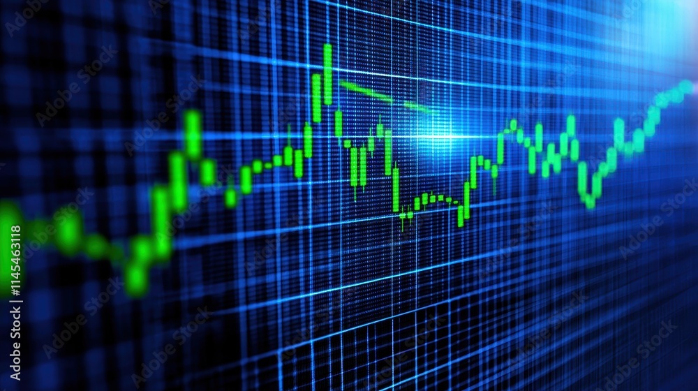Digital Financial Graph with Green Line on Blue Background Digital Financial Graph with Green Line on Blue Background