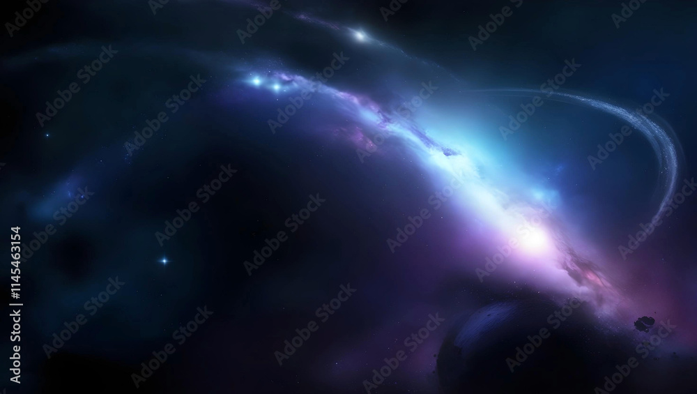 Fototapeta premium A blank background with an attractive space theme for presentations in high resolution, featuring a vast cosmic scene with deep, rich blues, purples, and blacks. Subtle, glowing stars, distant nebulae