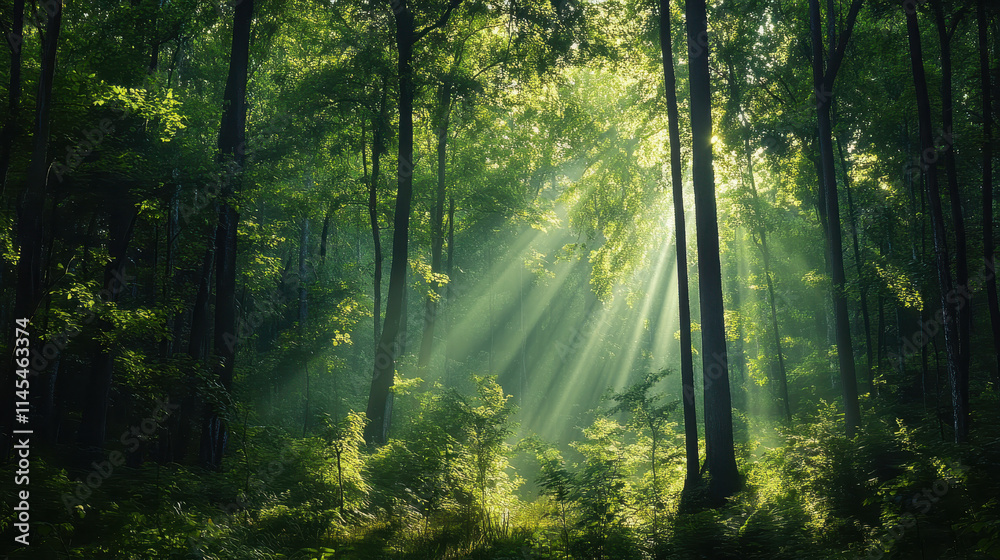 Obraz premium Sunbeams Illuminate a Mystical Green Forest Path