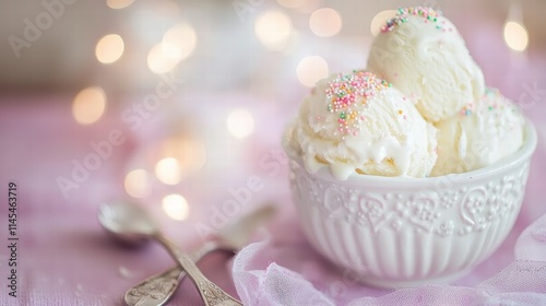 Three Scoops of Vanilla Ice Cream with Colorful Sprinkles in Bowl