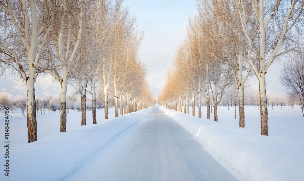 A serene winter road lined with bare trees and snow-covered ground. A serene winter road lined with bare trees and snow-covered ground.