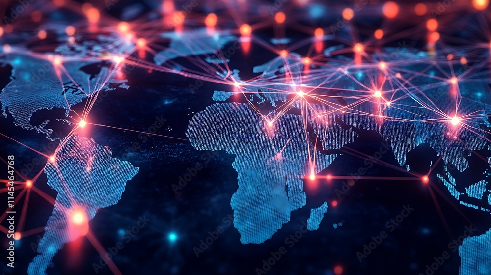 Global network connection visualization on a world map, showing interconnected nodes and lines. Global network connection visualization on a world map, showing interconnected nodes and lines.