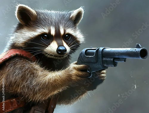 Raccoons wielding shotguns imaginative dynamic adventurous whimsical scenes fantasy art storytelling unique animal character design clipart photography 3d animation render fantasy game drawing photo