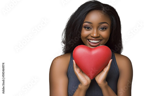 smiling woman holding red heart on white background photo