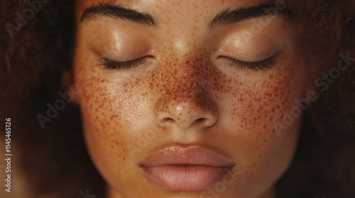 Close-up of Freckles on Mixed Race Woman with Closed Eyes