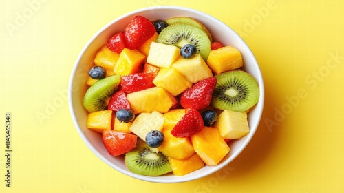 Fresh and Colorful Fruit Salad in White Bowl on Yellow Background