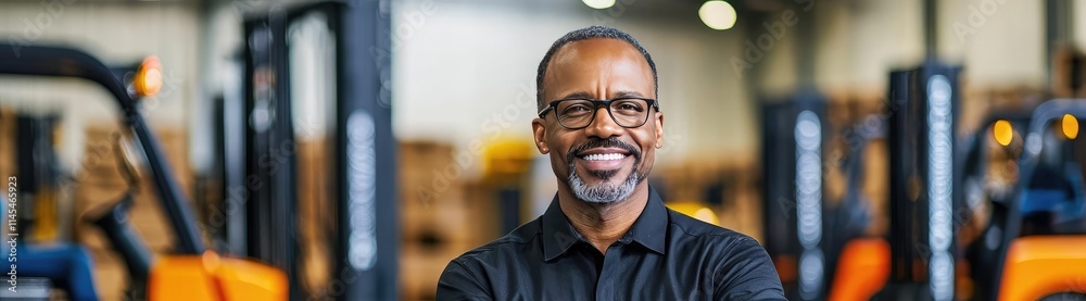 Inventory management idea. Confident warehouse manager with forklift in the background, showcasing teamwork and efficiency. Inventory management idea. Confident warehouse manager with forklift in the background, showcasing teamwork and efficiency.