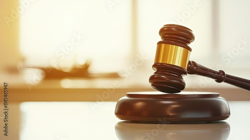 Independence justice concept. A close-up of a gavel symbolizing justice and legal authority in a courtroom.