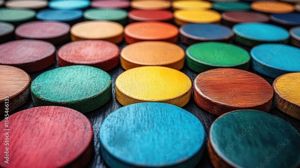 Colorful wooden discs arranged in a pattern. Colorful wooden discs arranged in a pattern.