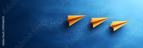 Yellow paper planes arranged in a sequence on a blue background, concept of growth and progress