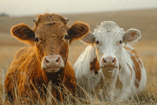 Two young cows, one brown and one white with brown patches, gaze intently from a field of tall grass at sunset.