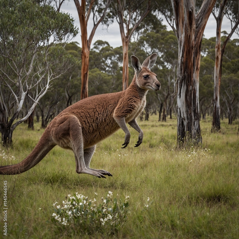 A kangaroo hopping through a grassy field filled with blooming eucalyptus trees. A kangaroo hopping through a grassy field filled with blooming eucalyptus trees.