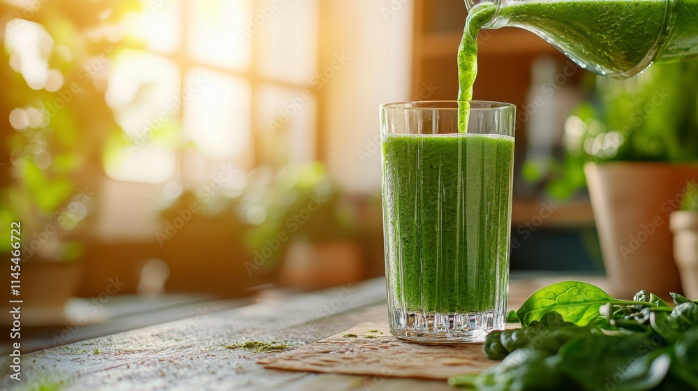 Green Smoothie Sunshine: Pouring vibrant green smoothie into glass on rustic wooden table, bathed in warm sunlight. Healthy lifestyle concept. Green Smoothie Sunshine: Pouring vibrant green smoothie into glass on rustic wooden table, bathed in warm sunlight. Healthy lifestyle concept.