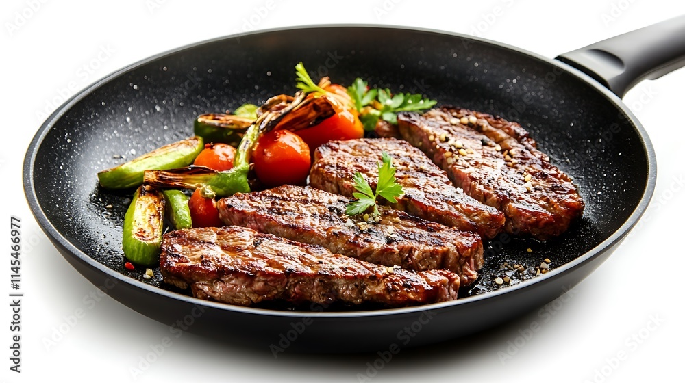 Close-up photo sizzling steaks with veggies in pan. AI Generated Close-up photo sizzling steaks with veggies in pan. AI Generated