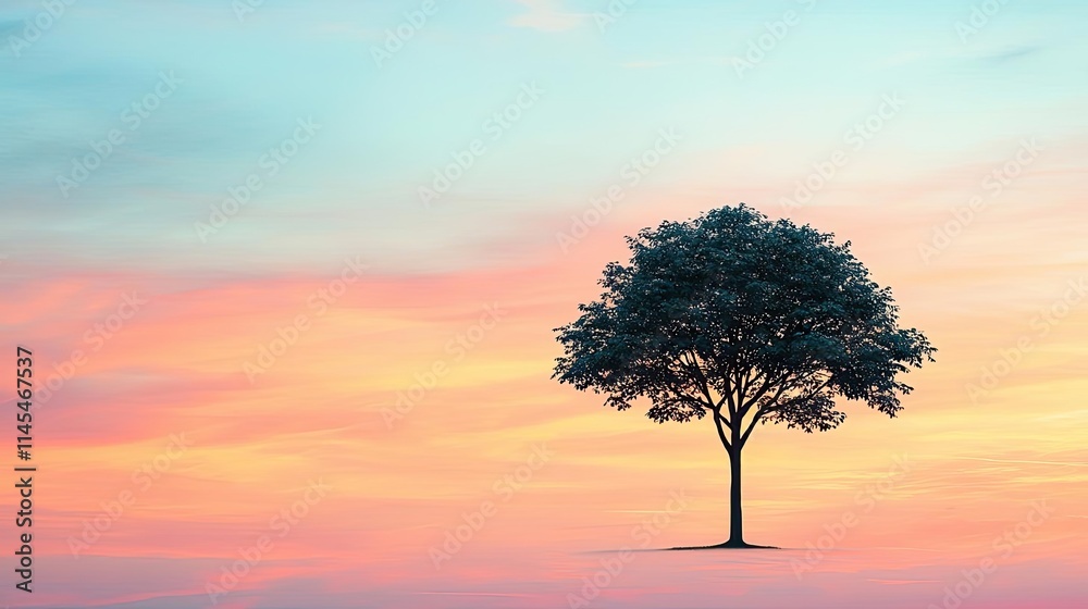 Obraz premium Independence justice concept. A solitary tree against a colorful sunset sky, symbolizing tranquility and nature's beauty.