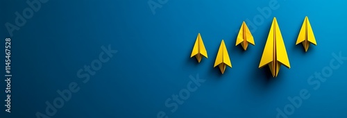 Yellow paper planes arranged in a sequence on a blue background, concept of growth and progress
