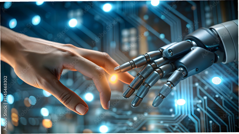 Fototapeta premium Macro Shot Robotic Finger Touching Human Finger Circuit Background Connection Technology