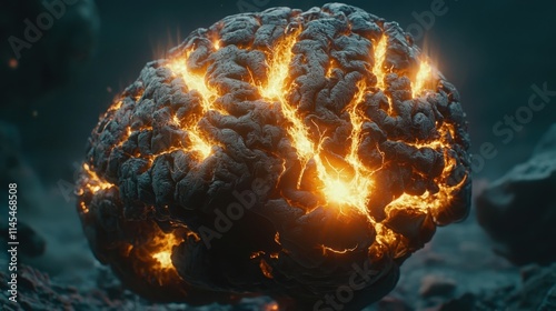 Illuminated brain with glowing cracks against a dark background.