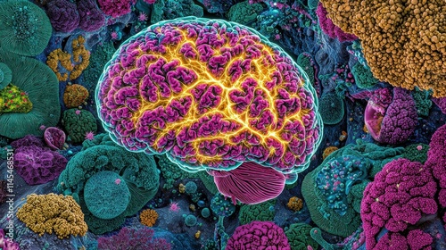 Colorful abstract representation of a brain among vibrant textured patterns.