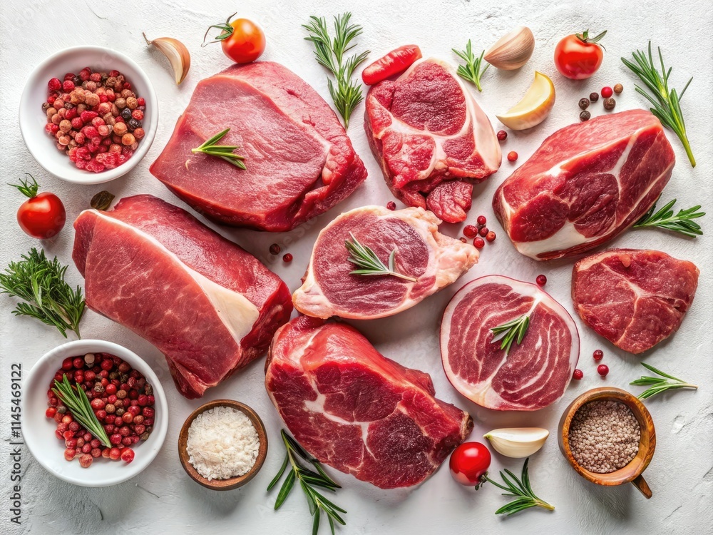 Premium beef cuts: fresh meat photography, top view. Butcher shop banner, raw meat set. Premium beef cuts: fresh meat photography, top view. Butcher shop banner, raw meat set.