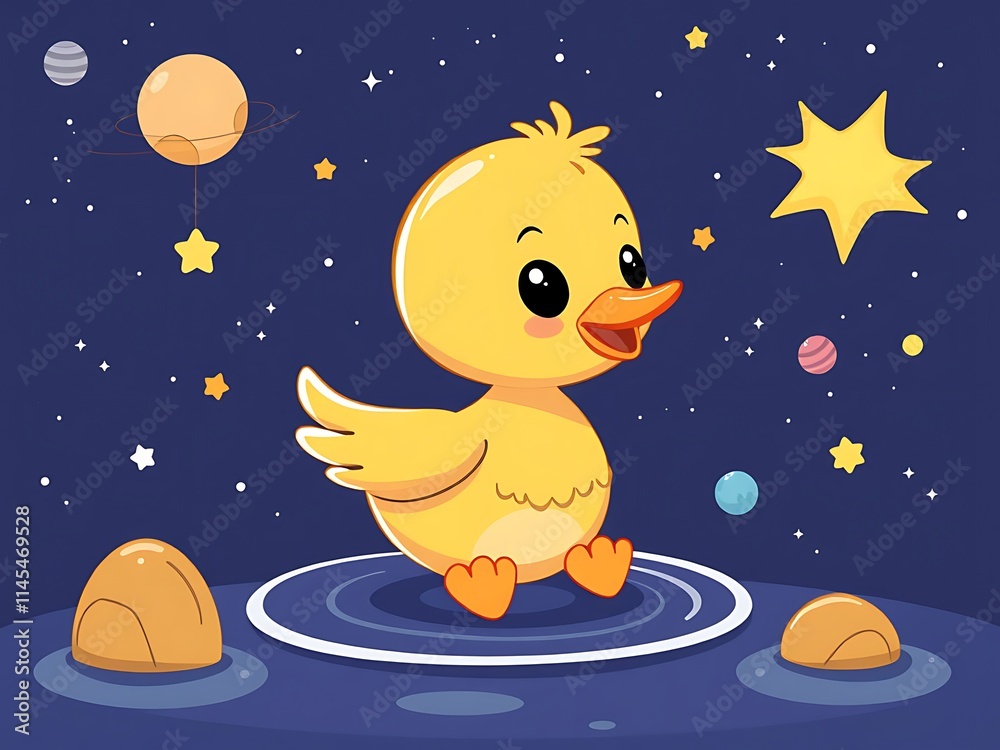 Fototapeta premium Cute yellow duck vector art in star filled cosmic scene.. AI Generated