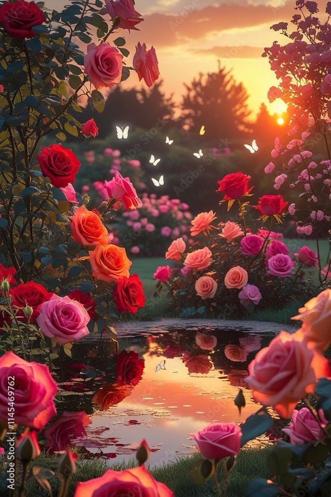 custom made wallpaper toronto digitalA serene rose garden at sunset, with roses glowing in vibrant hues of red, orange, and pink, illuminated by the soft golden light of the setting sun