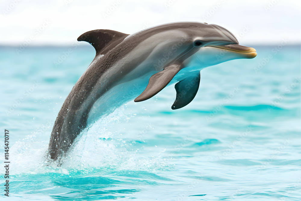 Fototapeta premium Majestic Dolphin Leaping Above Clear Turquoise Waters in Bright Daylight, Capturing the Beauty of Marine Life and Ocean Serenity