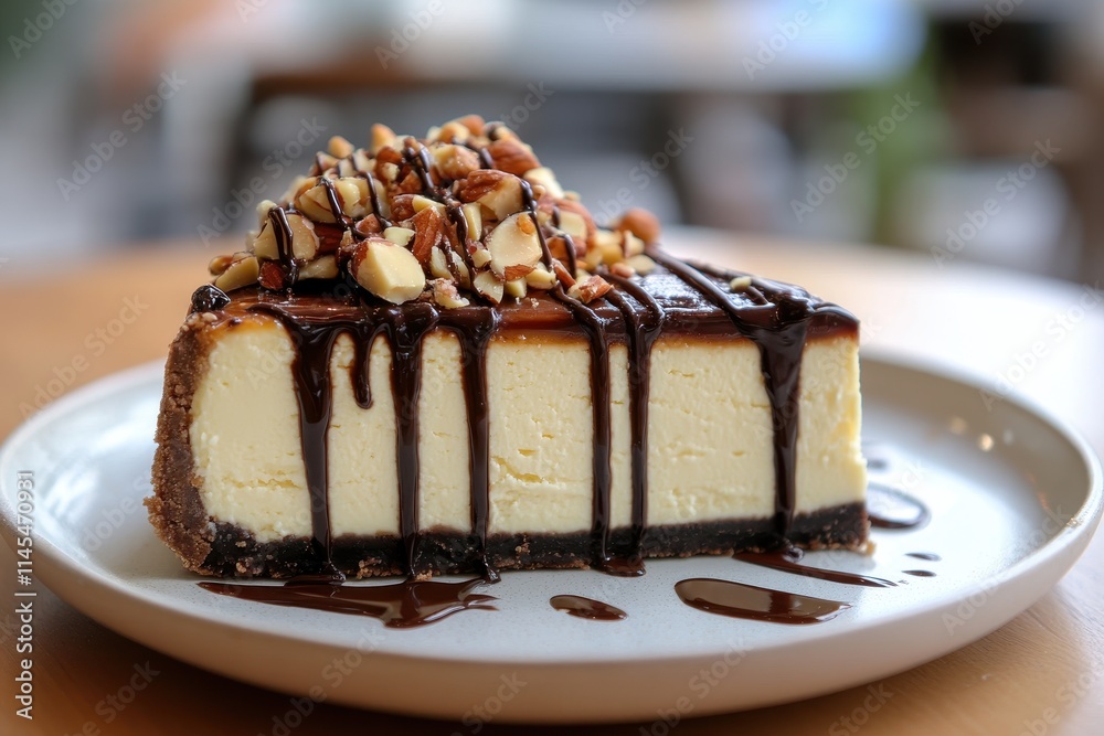 Delicious cheesecake slice, topped with almonds & chocolate. Perfect for menus, food blogs, or dessert websites. Delicious cheesecake slice, topped with almonds & chocolate. Perfect for menus, food blogs, or dessert websites.