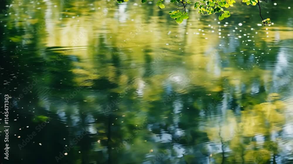 Rippling reflections of a serene pond surrounded by lush greenery in the early afternoon light Rippling reflections of a serene pond surrounded by lush greenery in the early afternoon light