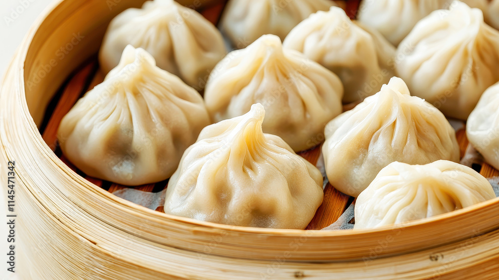 Chinese New Year Concept. Delicious dumplings arranged in bamboo steamer basket Chinese New Year Concept. Delicious dumplings arranged in bamboo steamer basket