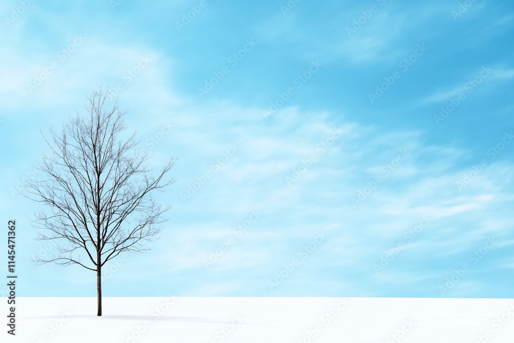 A solitary tree stands in a snowy landscape under a blue sky. A solitary tree stands in a snowy landscape under a blue sky.