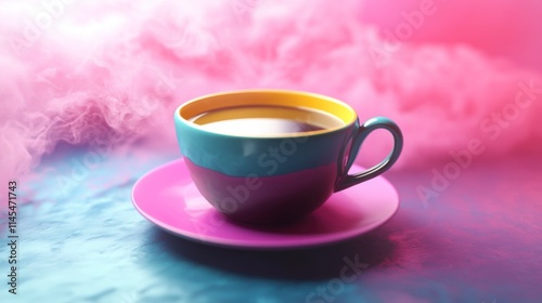Dreamy Coffee Break: A vibrant, two-toned coffee cup sits on a pink saucer, nestled in a whimsical cloud of pastel pink and blue hues. The steam adds a touch of mystery to this captivating image.