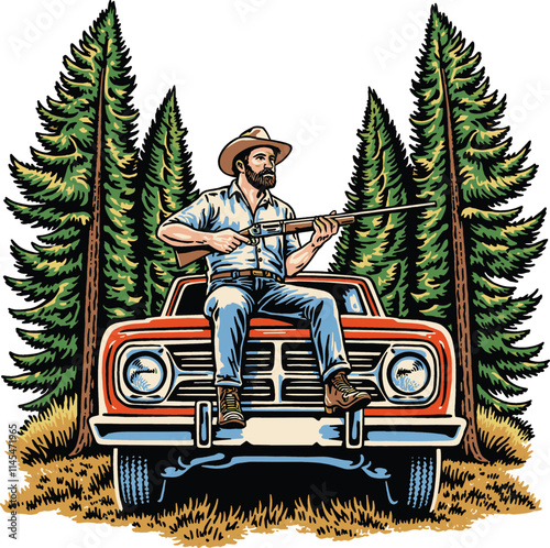 carpenter man holding shotgun vintage artwork